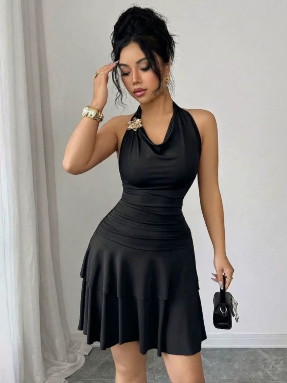 Black Halter Neck Metal Buckle Pleated Bodycon Dress